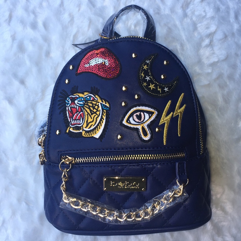 BEBE BLUE MINI BACKPACK Tiger Moon Lightning Lips Patch